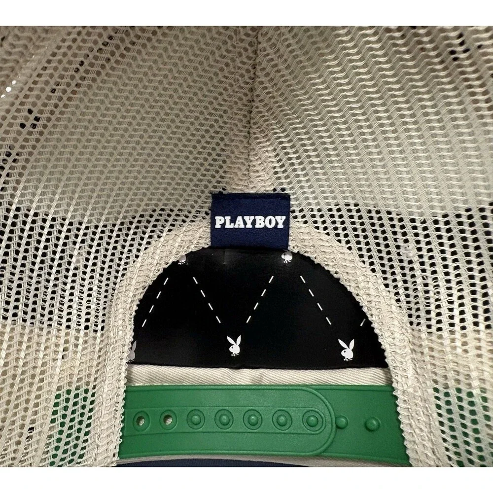 Playboy Foam Trucker Snapback Hat Blue Green Tan Embroidery Bunny Logo Cap